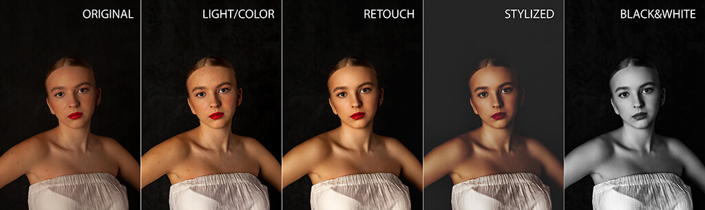 Zdjęcie kobiety, na którym zastosowano różne techniki korekcji barw i tonów, widoczne poprzez zmienne nasycenie, jasność i kontrast na poszczególnych częściach obrazu.