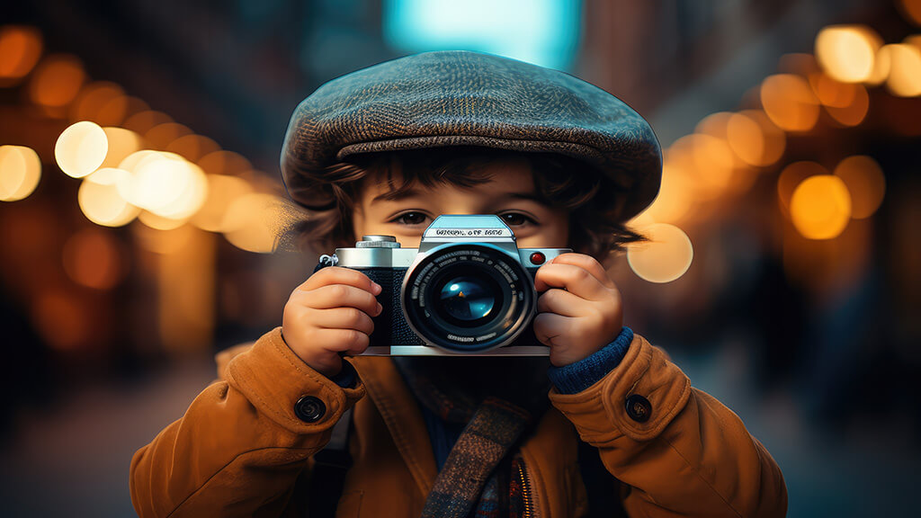Zdjęcie małego chłopca trzymającego aparat fotograficzny, gdzie połowa obrazu jest wyraźnie wyostrzona, ukazując szczegóły twarzy i aparatu, a druga połowa zdjęcia jest rozmyta, co daje efekt miękkiego, niewyraźnego obrazu.