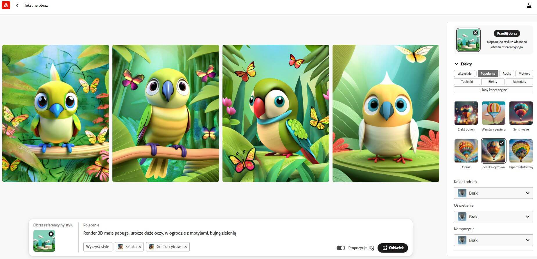 Screen z aplikacji Adobe Firefly z grafikami papug po dodanym efekcie grafiki cyfrowej 