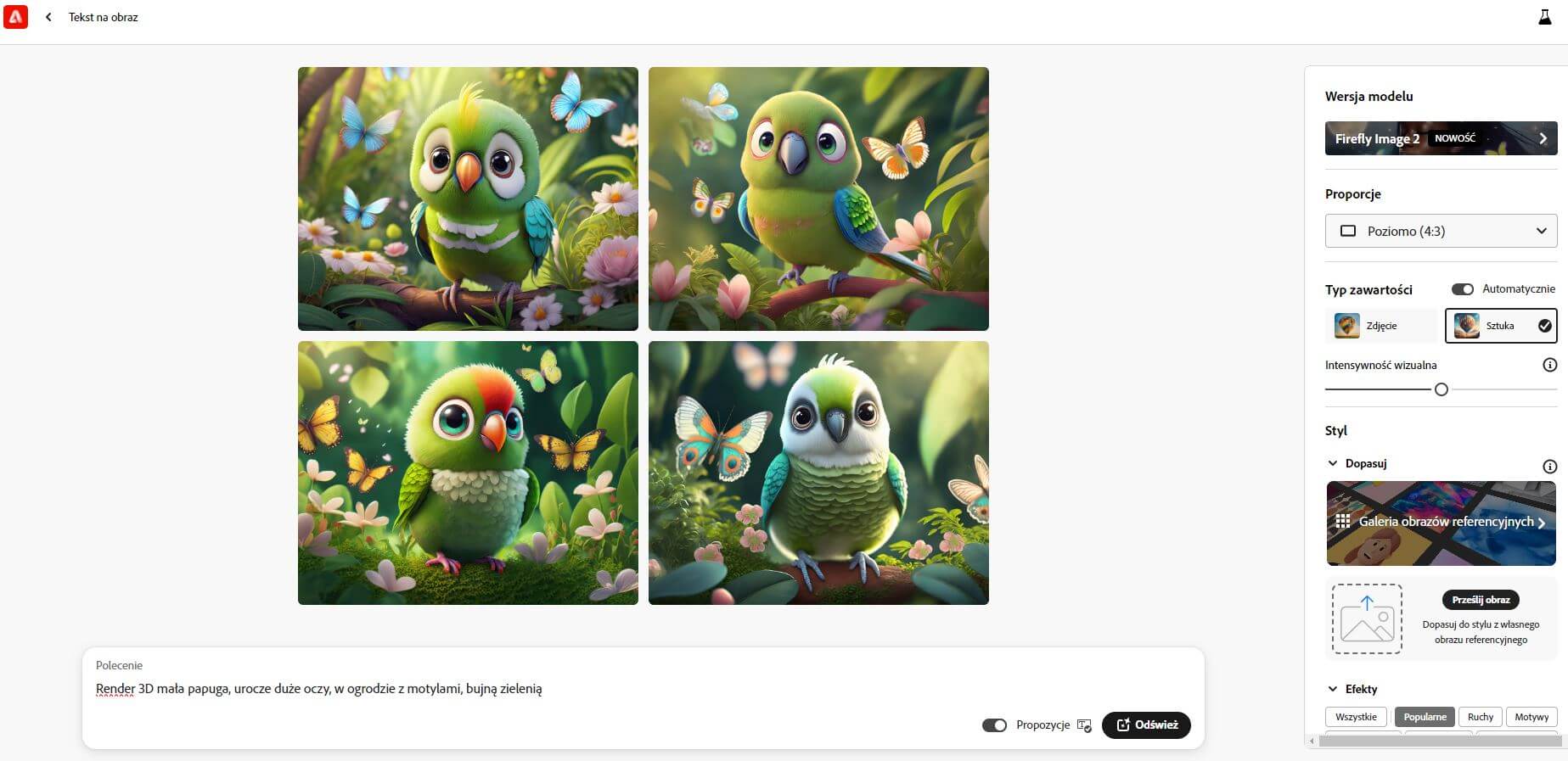Screen z Adobe Firefly z poleceniem o redner papugi w zielonym ogrodzie i 4 poziome propozycje aplikacji
