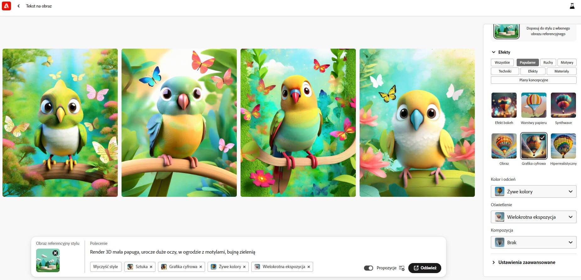 Screen z aplikacji Adobe Firefly i efekt 4 papug po dodaniu zmian w kolorze i oświetleniu