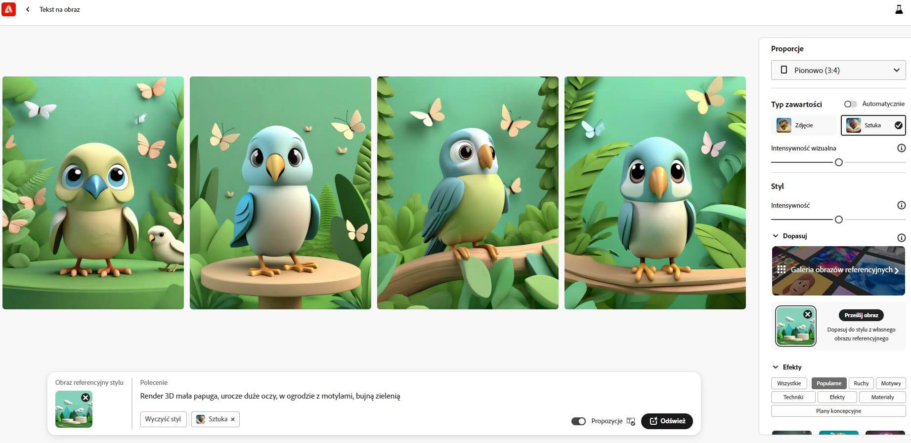 Screen z aplikacji Adobe Firefly z 4 różnymi papugami w innym stylu
