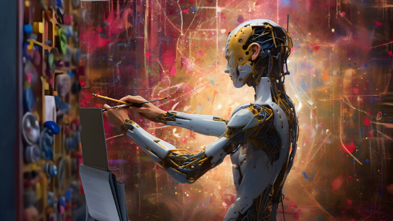 Trendy w grafice: rozwój sztucznej inteligencji. Artysta o wyglądzie robota maluje obraz na wirtualnym płótnie.