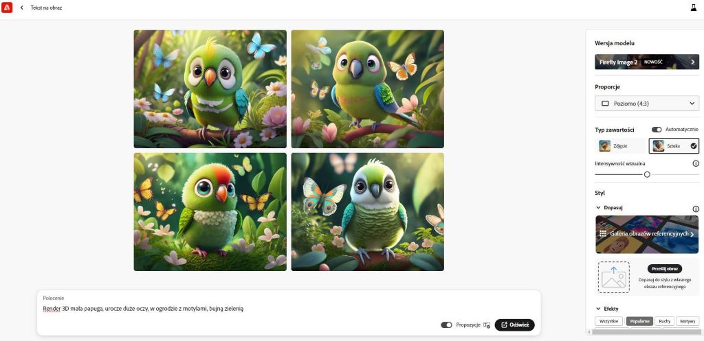 adobe firefly screen ekranu polecenie wyrenderowania zielonej papugi